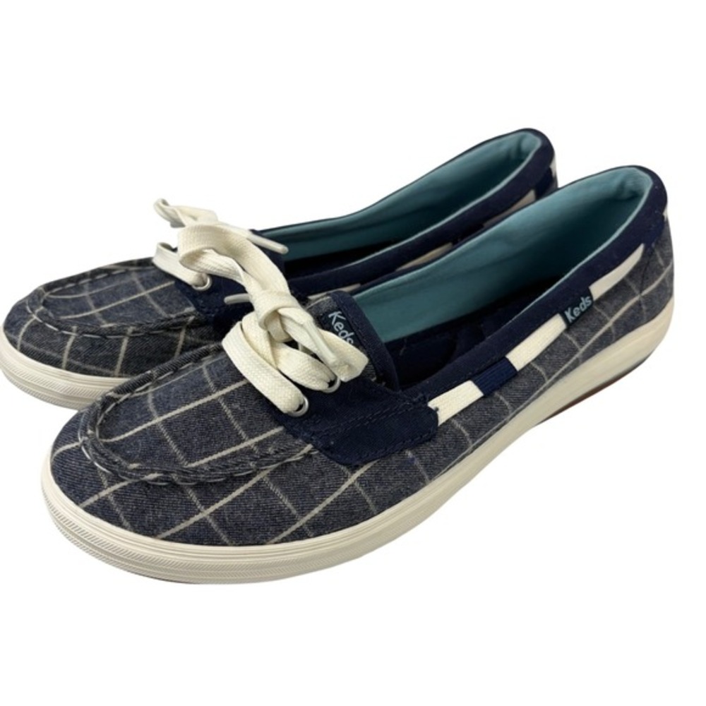 Keds Women's Size 7 Navy Blue White Plaid Canvas Boat Shoe Slip-On Flat‎